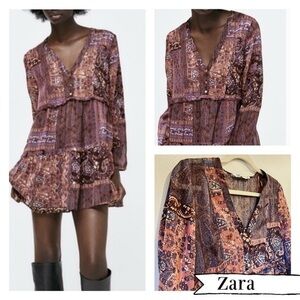 Zara Patch work quilt sheer mini‎ dress boho NWOT XS